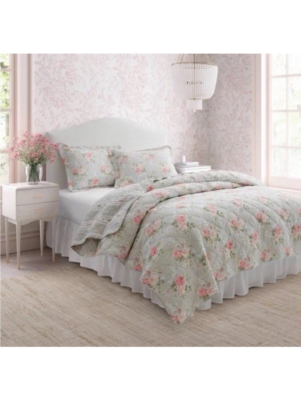 * Laura Ashley Full/Queen Melany Pink Floral Reversible QUILT 3pc Set & BedSkirt - Picture 5 of 14